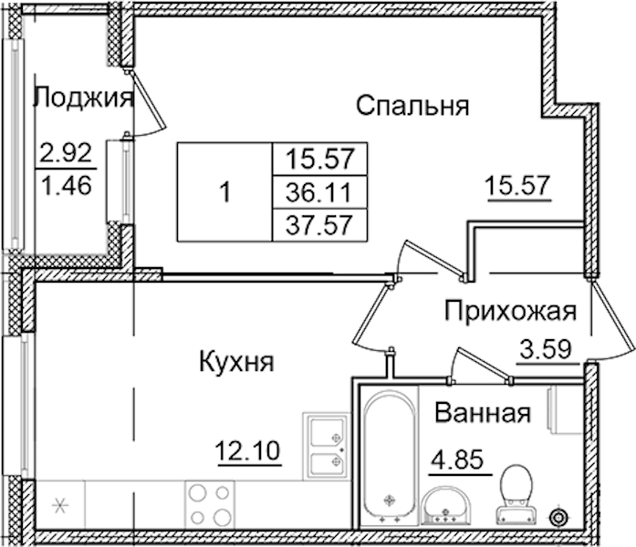 1-комнатная квартира 37.57 м², 2/9 эт., ЖК «Квартал Заречье»